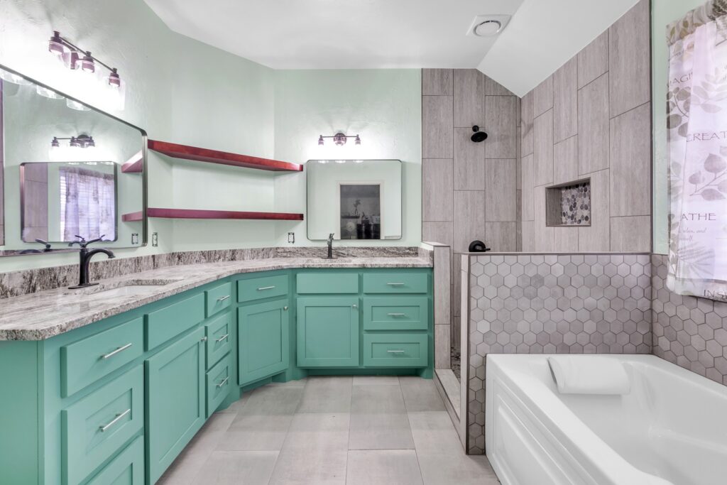 Bathroom Remodel - Open Shelves and Turquoise Cabinets